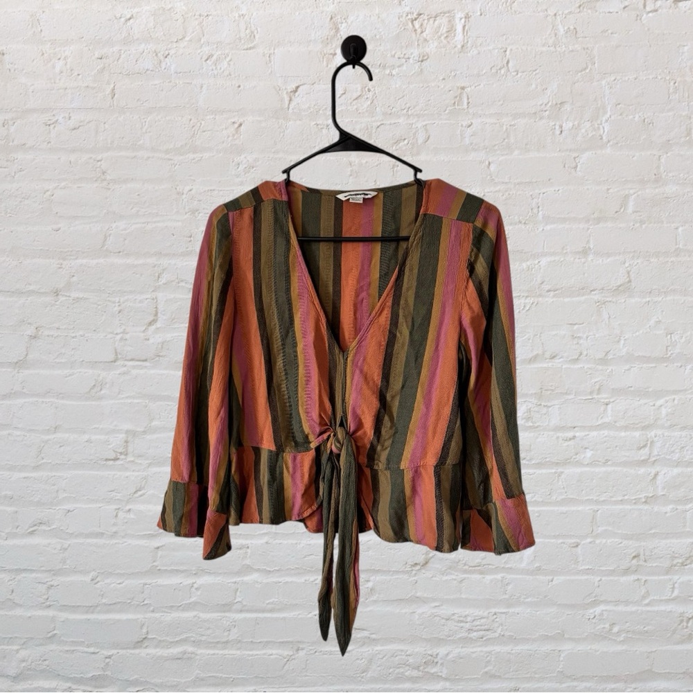 American Eagle Outfitters Striped Tie-Front Peplum Blouse